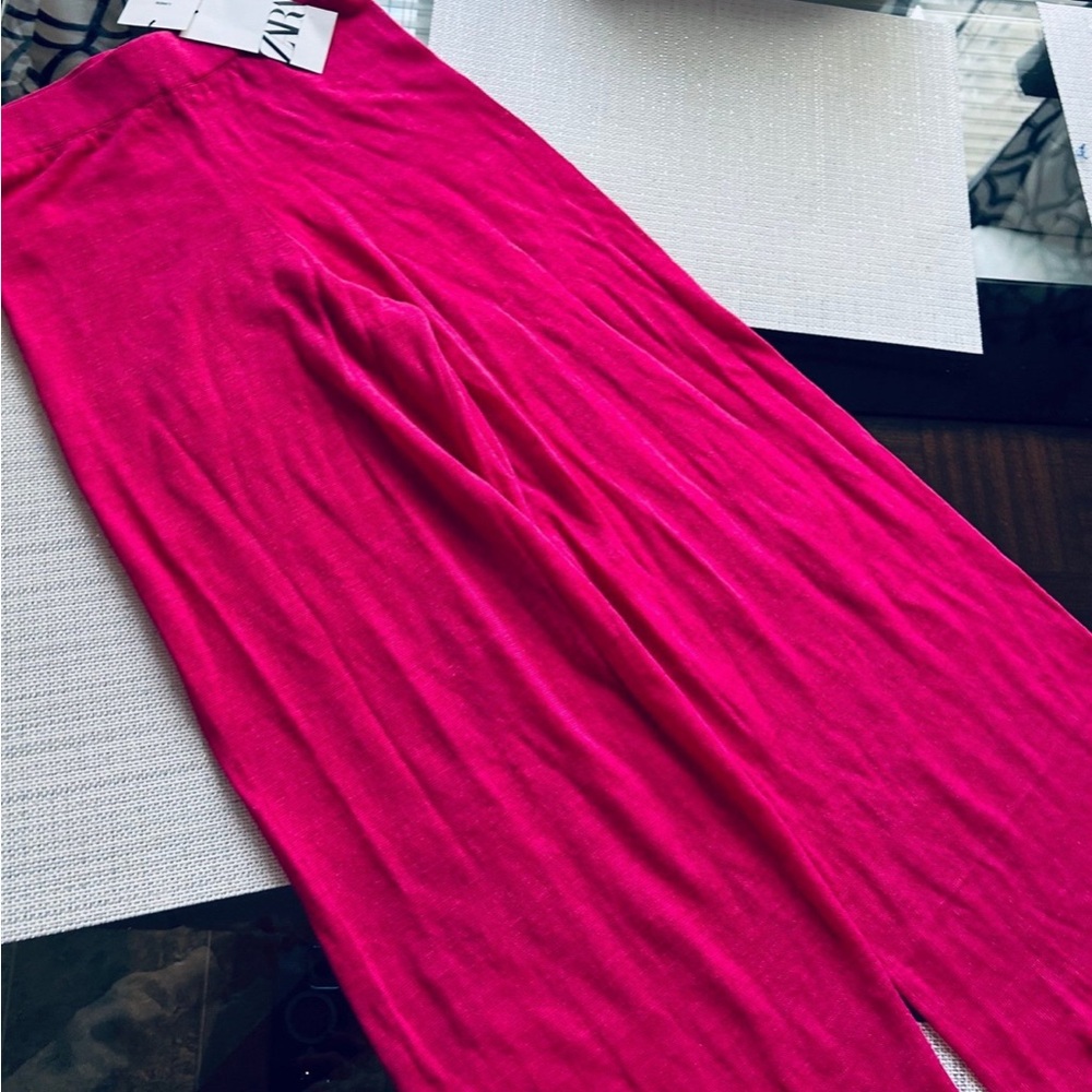 NWT ZARA HOT PINK FLARE LINEN PANT SIZE SMALL